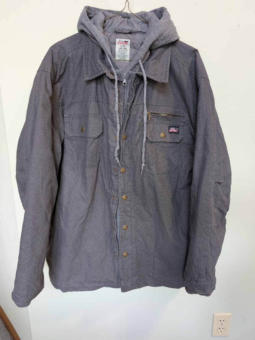 Dickies Hoodie Work Jacket Lg Gray Canvas Duck Coat Quilted Lined Utility